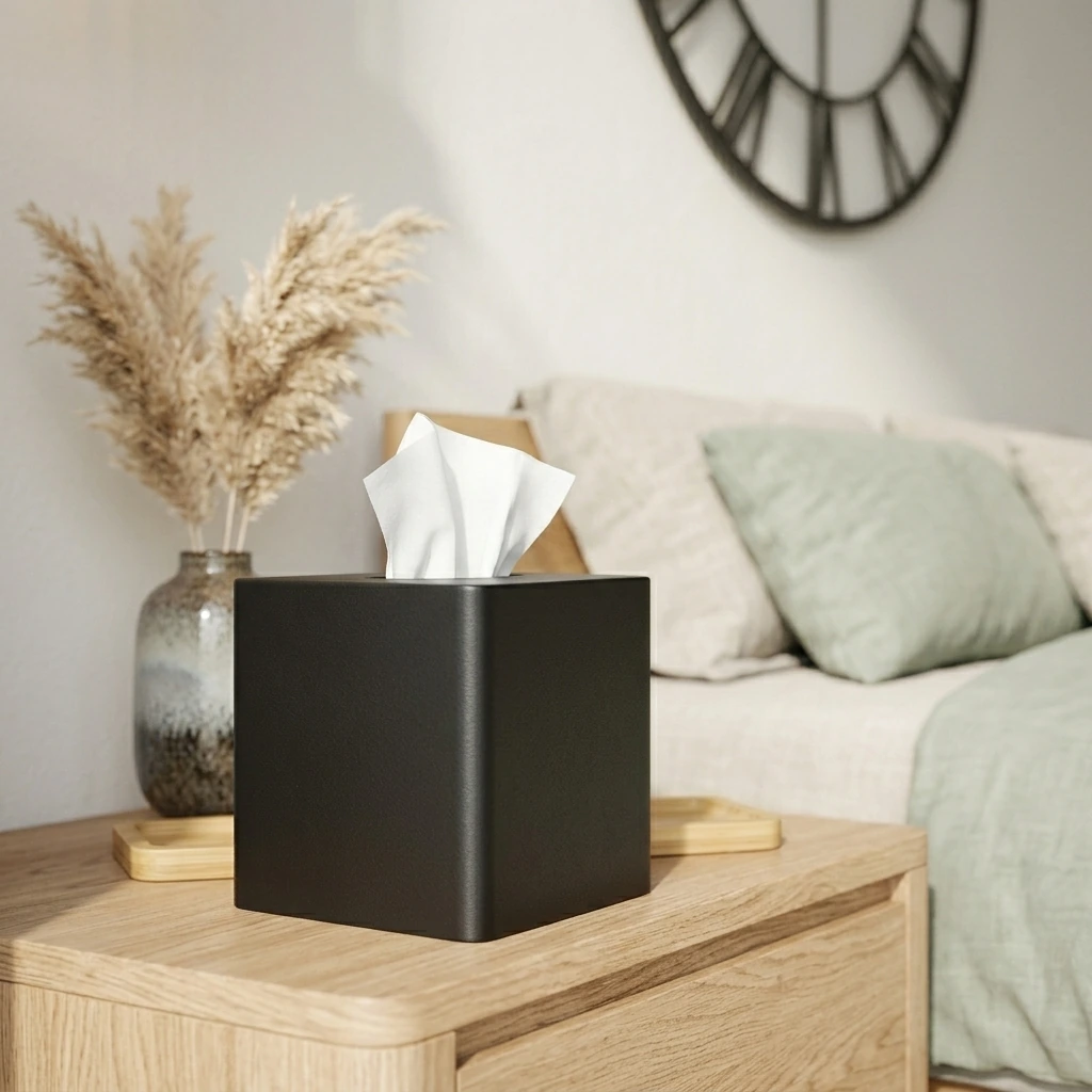 Japandi Bedroom — mDesign Metal Square Tissue Box Cover for Bathroom - Modern Steel Holder/Dispenser for Paper Facial Tissues - Bathroom Tissue Box Cube for Counter - Avia Collection - Black
