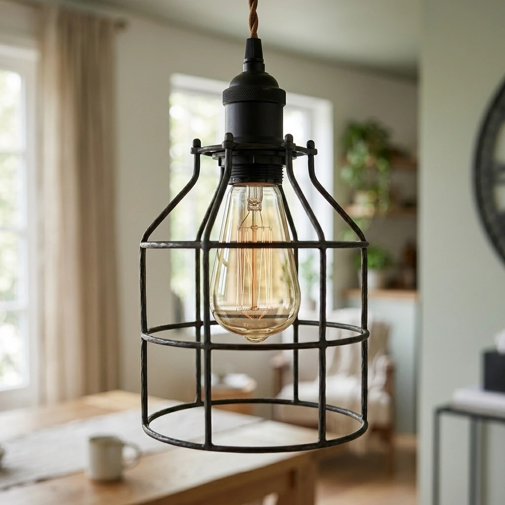 Japandi Living Room — Industrial Pendant Light INNOCCY Edison Hanging Cage Pendant Lights E26 E27 Base Vintage Adjustable Pendant Lamp Fixture for Kitchen Home Lighting 2 Pack