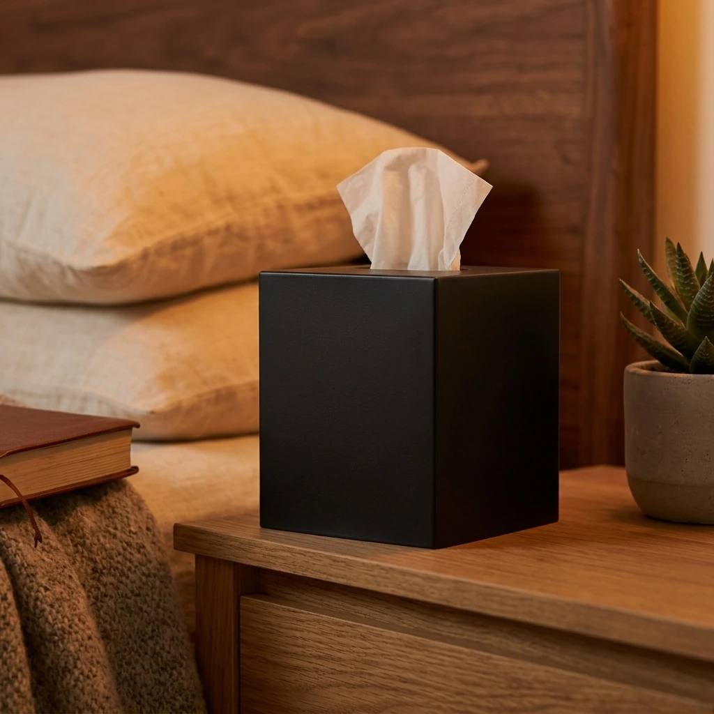 Cozy Wood Bedroom — mDesign Metal Square Tissue Box Cover for Bathroom - Modern Steel Holder/Dispenser for Paper Facial Tissues - Bathroom Tissue Box Cube for Counter - Avia Collection - Black