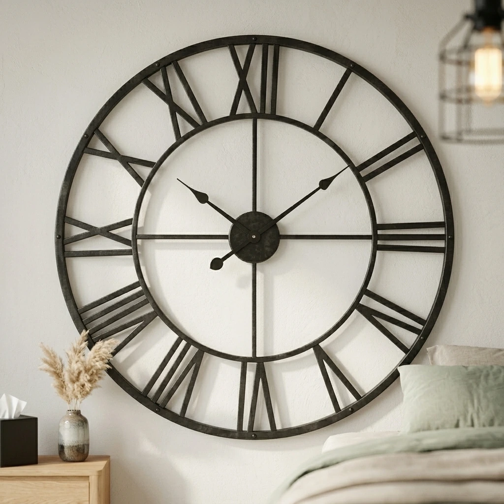 Japandi Bedroom — Pytha Sight 30 Inch Extra Large Giant Wall Clock,Oversized Round Silent Vintage Industrial Black Metal Farmhouse Big Roman Numeral Wall Clocks for Living Room,Kitchen,Bedroom Home Decor