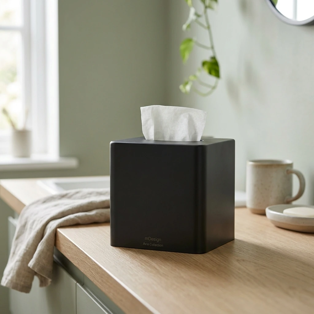 Japandi Living Room — mDesign Metal Square Tissue Box Cover for Bathroom - Modern Steel Holder/Dispenser for Paper Facial Tissues - Bathroom Tissue Box Cube for Counter - Avia Collection - Black