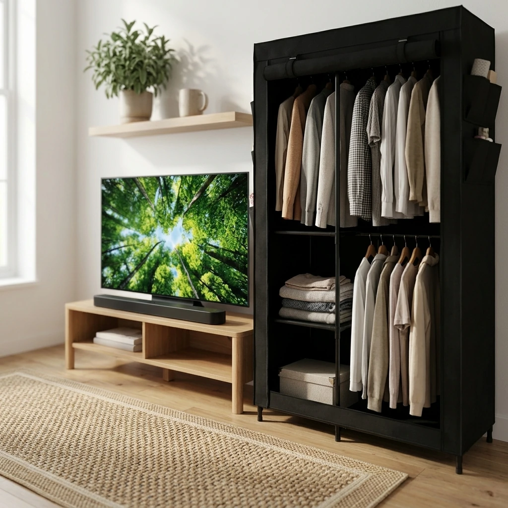 Japandi Workspace — SONGMICS Wardrobe Closet, 65 Inch Heavy Duty Portable Closet, Freestanding Closet Organizer, Clothes Rack with Cover, 2 Hanging Rails, 3 Shelves,4 Side Pockets,Black URDR301B02