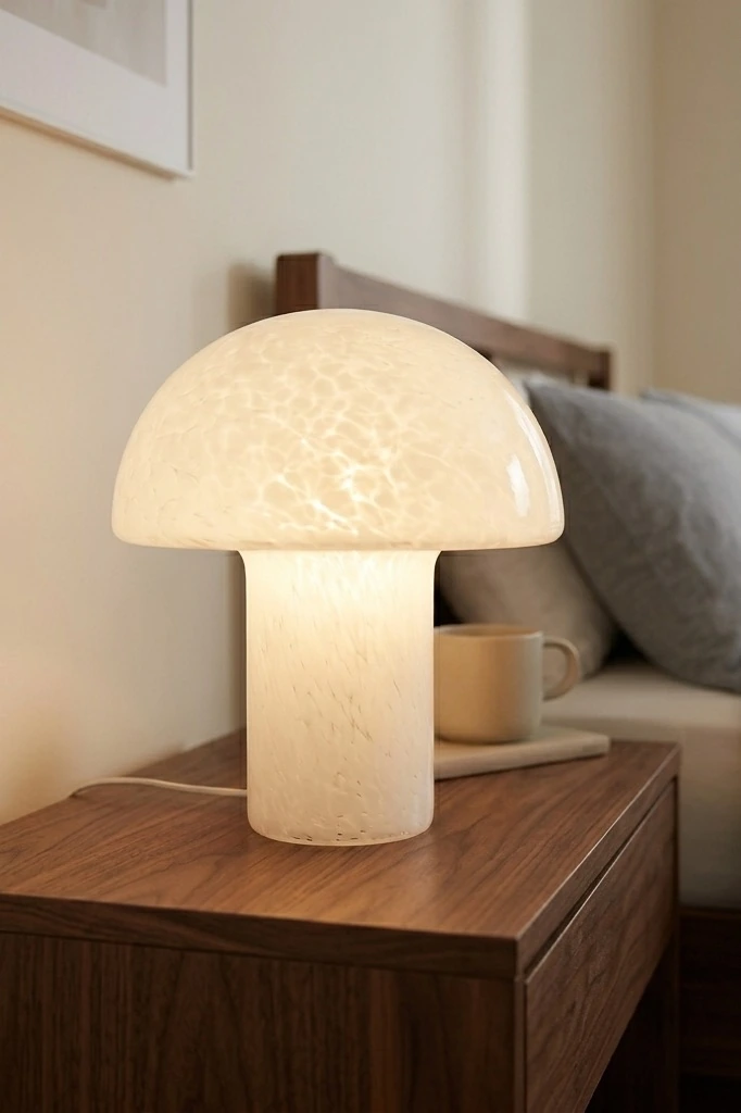 Minimalist Chill Space — ONEWISH Mushroom Lamp Small Bedside Table Lamp-Nightstand Nightlight Dimmable Stepless, Translucent Glass White Desk Lamp for Bedroom Dorm Living Kitchen, Murano Style Aesthetic Cute Home Decor