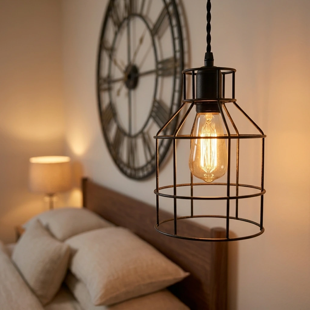 Cozy Wood Bedroom — Industrial Pendant Light INNOCCY Edison Hanging Cage Pendant Lights E26 E27 Base Vintage Adjustable Pendant Lamp Fixture for Kitchen Home Lighting 2 Pack