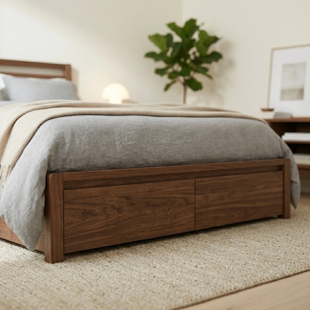Minimalist Chill Space — AFI Concord Queen Size Platform Bed with Footboard & Storage Drawers in Walnut