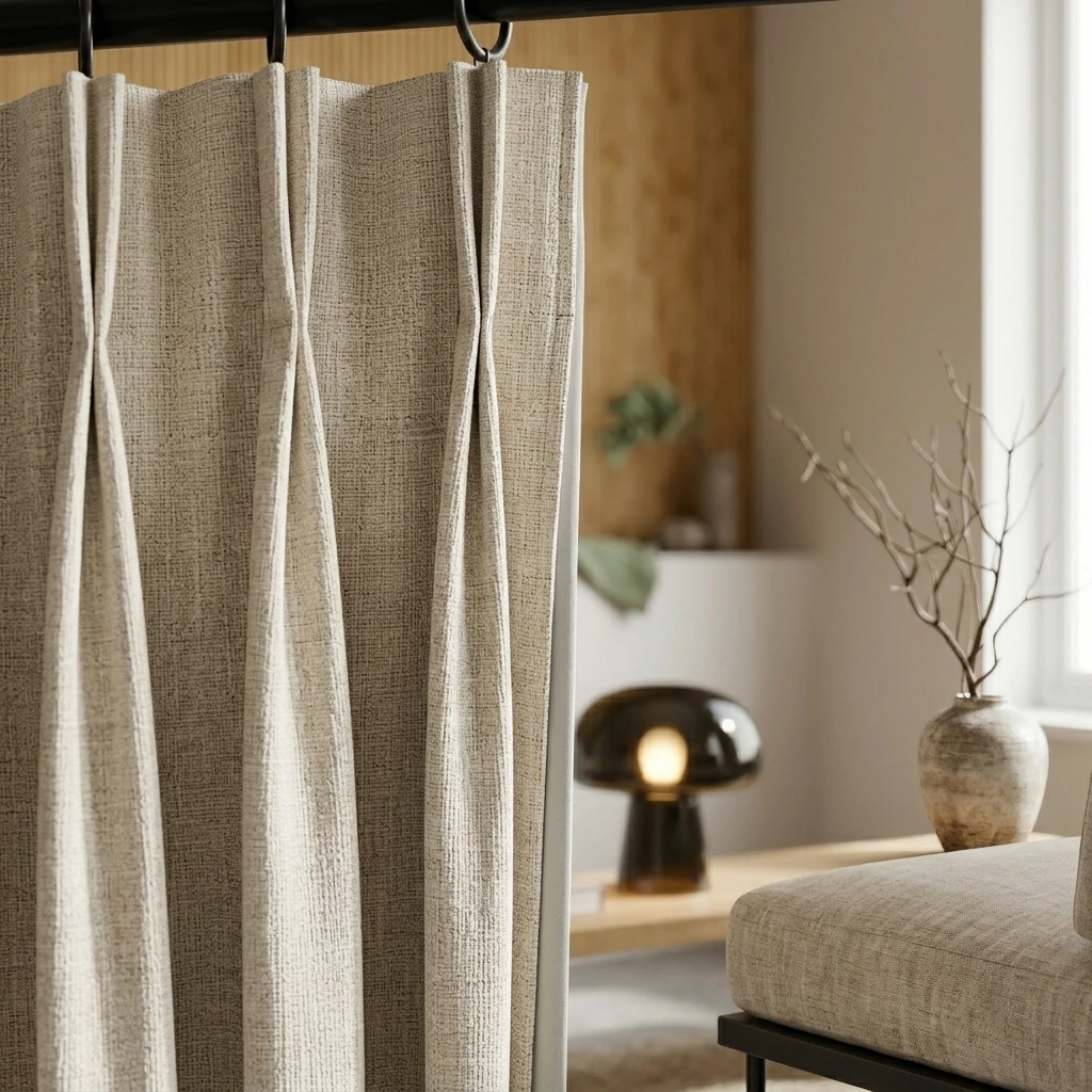 Japandi Chill Space — 42 W x 90 L inch Pinch Pleat Darkening Drapes Faux Linen Curtains with Lining Drapery Panel for Living Room Bedroom Meetingroom Club Theater Patio Door (1 Panel),Beige White