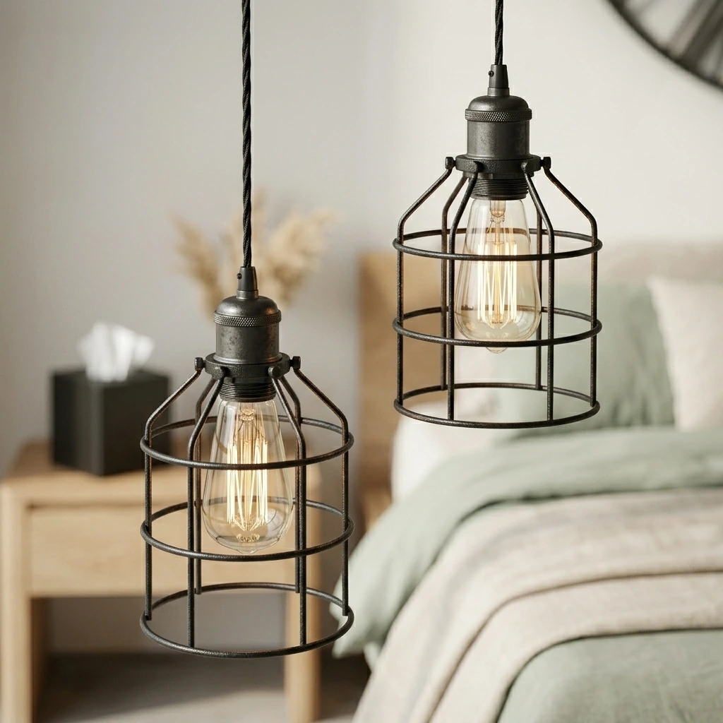 Japandi Bedroom — Industrial Pendant Light INNOCCY Edison Hanging Cage Pendant Lights E26 E27 Base Vintage Adjustable Pendant Lamp Fixture for Kitchen Home Lighting 2 Pack