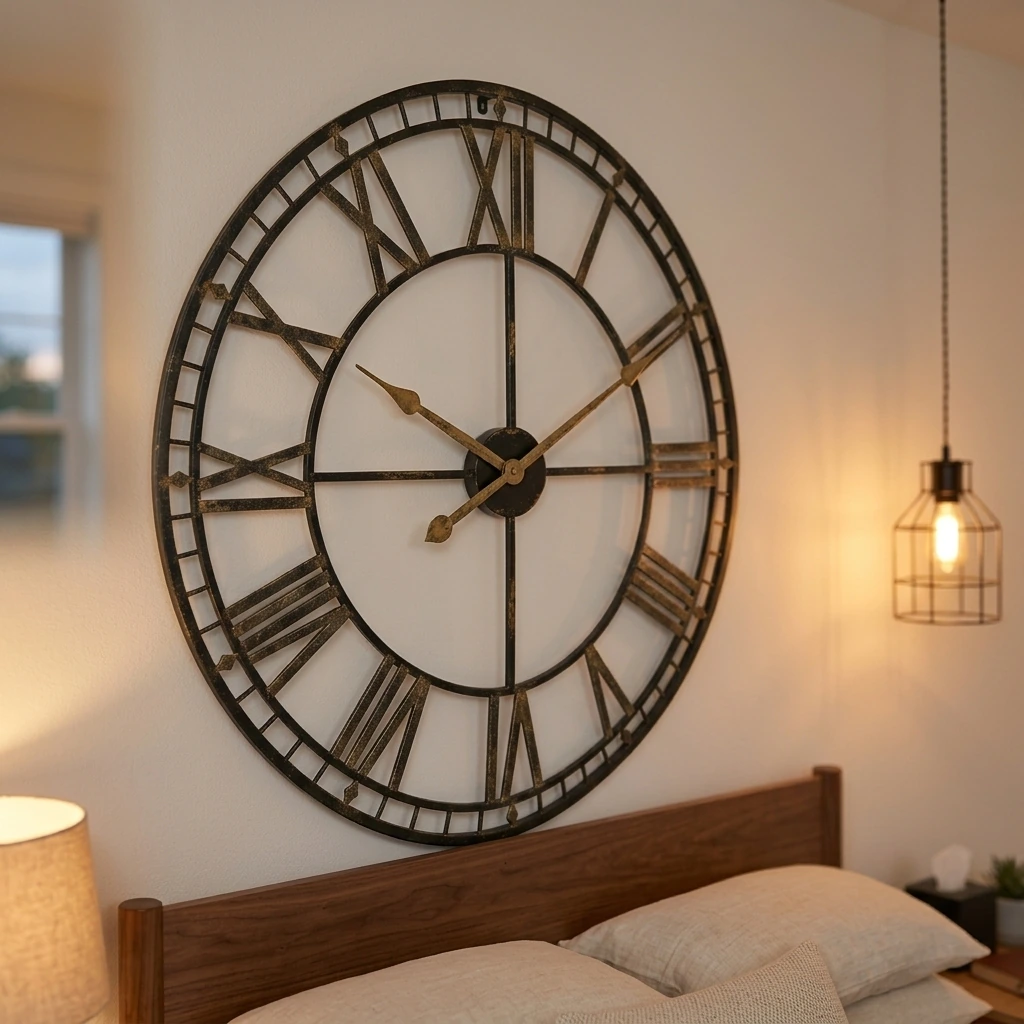 Cozy Wood Bedroom — Pytha Sight 30 Inch Extra Large Giant Wall Clock,Oversized Round Silent Vintage Industrial Black Metal Farmhouse Big Roman Numeral Wall Clocks for Living Room,Kitchen,Bedroom Home Decor