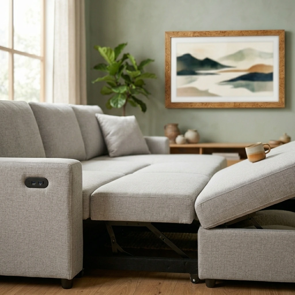 Japandi Bedroom — Lilola Home Convertible Sleeper Sofa Bed 84 Inch, L Shaped Sectional Couch with Pull Out Bed, USB Charging Ports, Storage Chaise for Living Room, Office, Linen Fabric, Light Gray