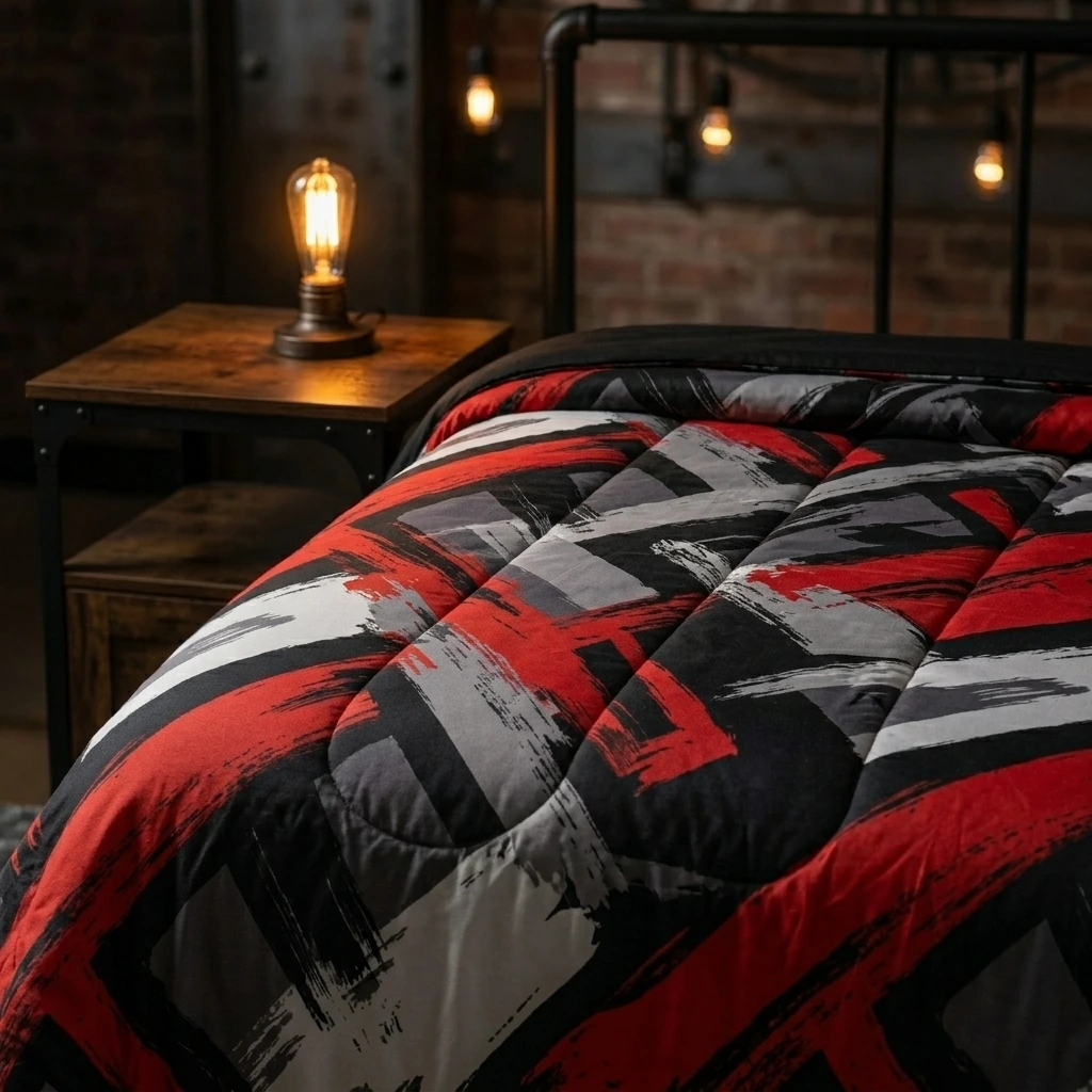 Industrial Bedroom — Feelyou Red Black and Grey Comforter Geometric Artistic Smear Comforter Set Abstract Graffiti Art Bedding Set Contemporary Modern Brush Design Duvet Set Room Decor Quilt Set King Size