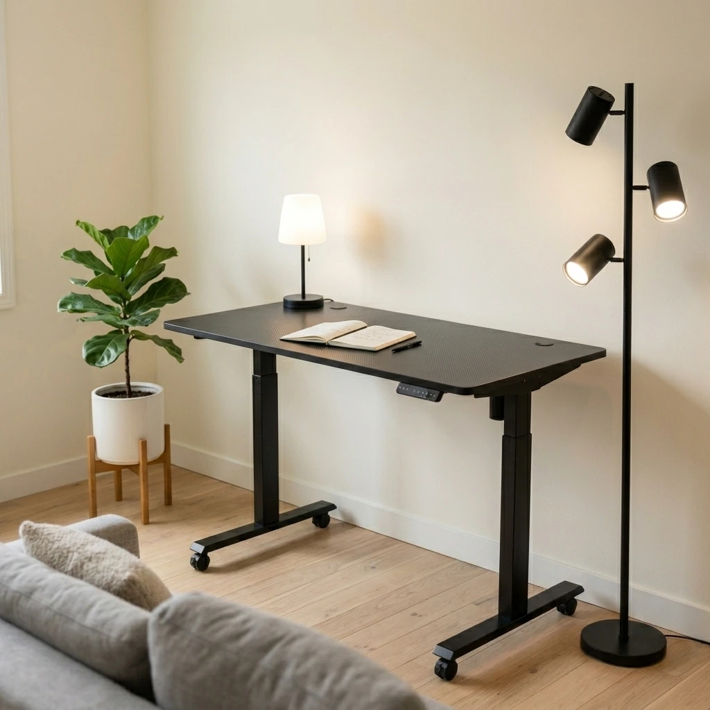 Minimalist Chill Space — X-WIN Electric Height Adjustable Standing Desk, 71" x 31.5" Inch 4-Leg Ergonomic Sit to Stand Desk for Home Office, Powerful Dual Motor Work Desk with Locking Wheels, Carbon Fiber Textured Black