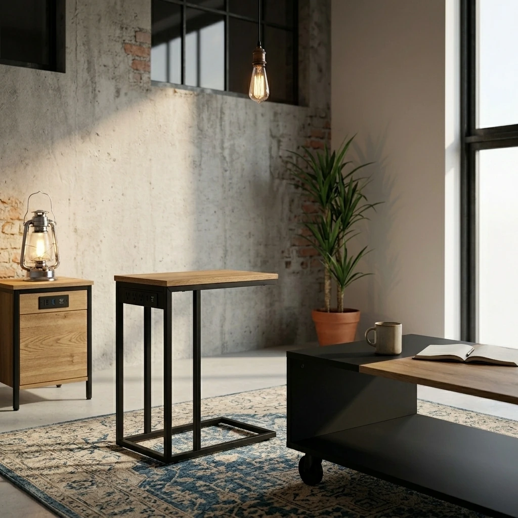 Industrial Workspace — Rolling C-Shaped Side Table with Charging Station, Night Stand with Type-C & USB Port and Outlet for Bedroom, Spacious Coffee Table with Wheels for Living Room, Home Office, Small Space(Large Desktop)