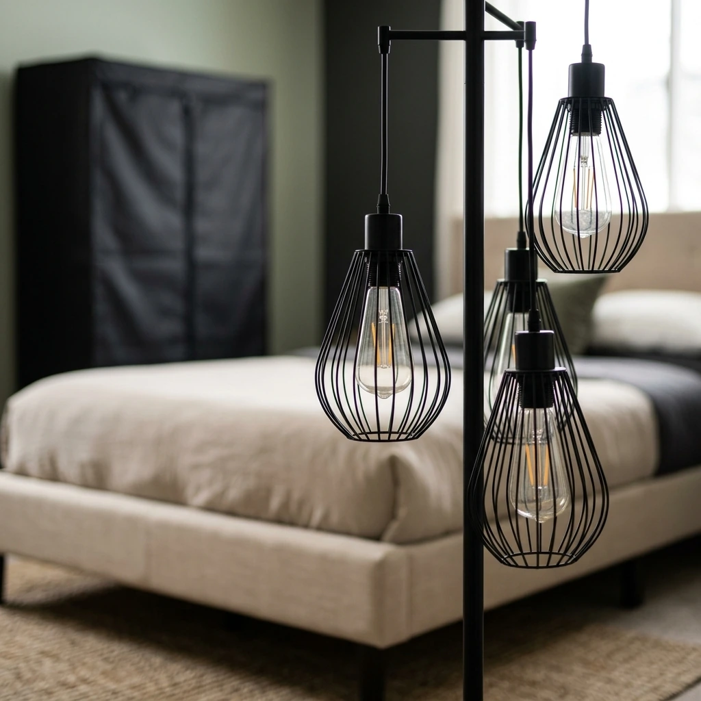 Japandi Living Room — Dimmable Floor Lamp, 3 x 800LM LED Edison Bulbs Included, Farmhouse Industrial Floor Lamp Standing Tree Lamp with Elegant Teardrop Cage Tall Lamps for Living Room Bedroom Office Dining Room-Black