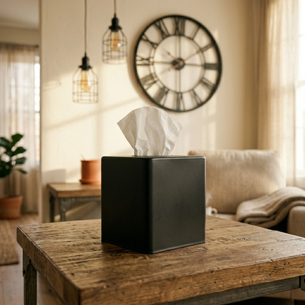 Cozy Wood Living Room — mDesign Metal Square Tissue Box Cover for Bathroom - Modern Steel Holder/Dispenser for Paper Facial Tissues - Bathroom Tissue Box Cube for Counter - Avia Collection - Black