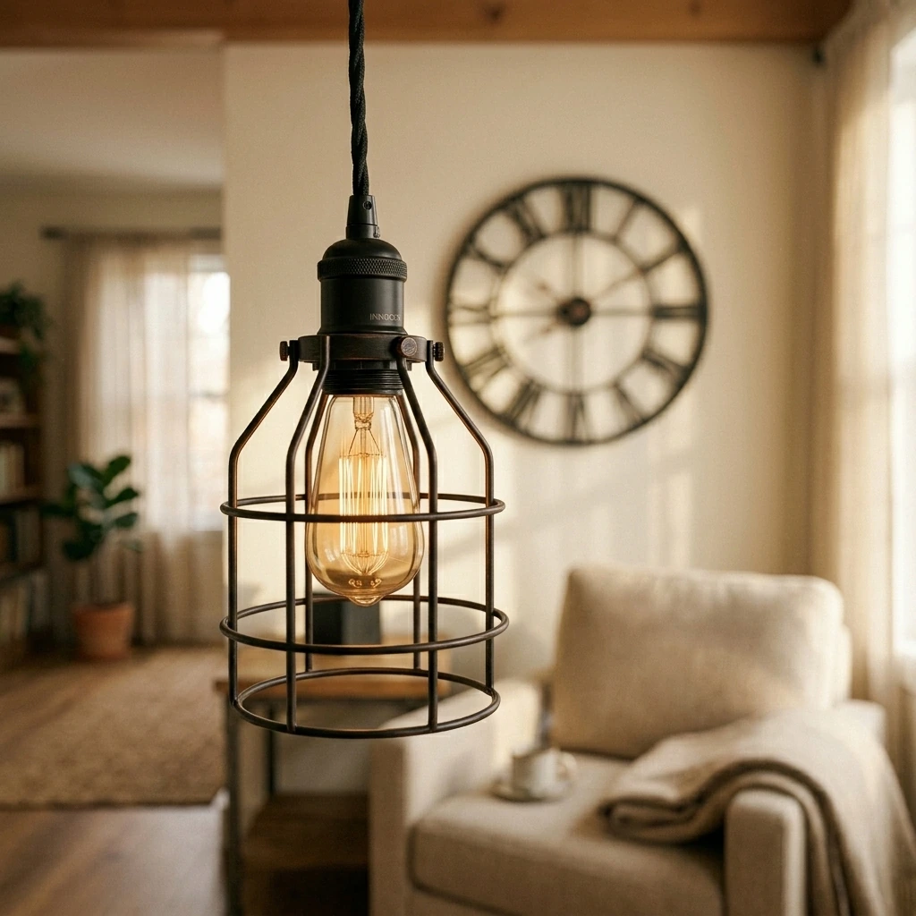 Cozy Wood Living Room — Industrial Pendant Light INNOCCY Edison Hanging Cage Pendant Lights E26 E27 Base Vintage Adjustable Pendant Lamp Fixture for Kitchen Home Lighting 2 Pack