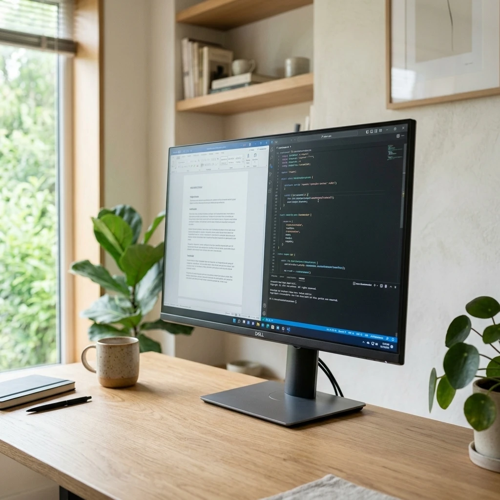 Japandi Home Office Setup 2026 — Dell 27 Plus 4K Monitor - S2725QS - 27-inch 4K (3840 x 2160) 120Hz 16:9 Display, IPS Panel, AMD FreeSync Premium, sRGB 99%, Integrated Speakers, 1500:1 Contrast Ratio, Comfortview - Ash White