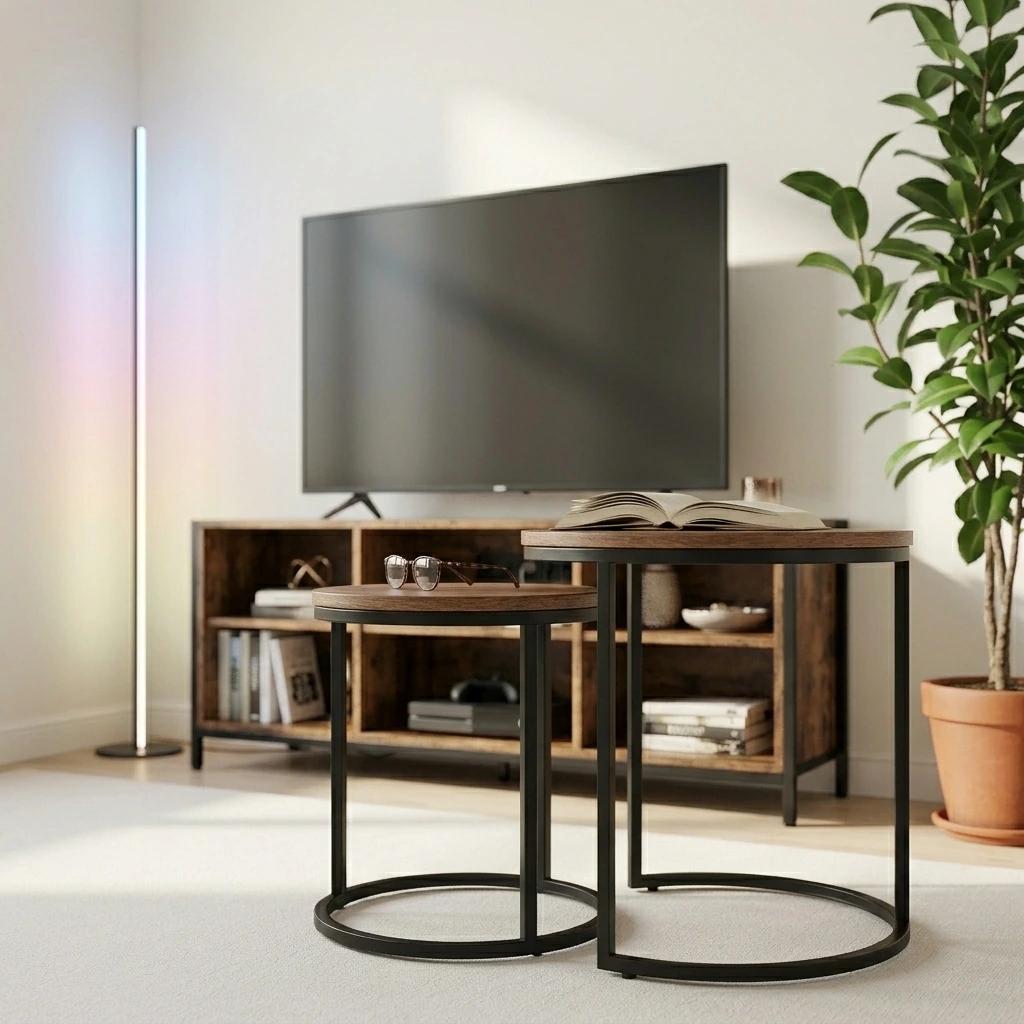 Minimalist Living Room — Nathan James Lula Nesting Round Side Set of 2, Accent End Table for Living Room with Wood or Marble Finish Tabletop and Metal Base, Nutmeg/Black