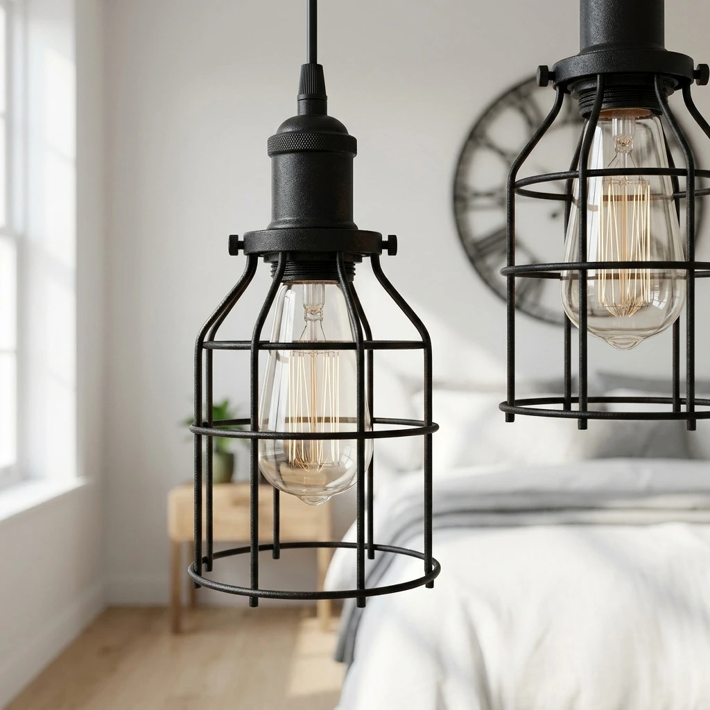 Minimalist Bedroom — Industrial Pendant Light INNOCCY Edison Hanging Cage Pendant Lights E26 E27 Base Vintage Adjustable Pendant Lamp Fixture for Kitchen Home Lighting 2 Pack