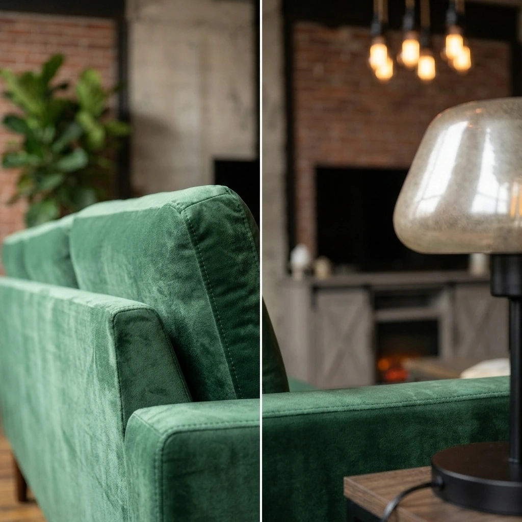 Industrial Chill Space — Lilola Home Kipling Green Velvet Fabric Reversible Sleeper Sectional Sofa Chaise