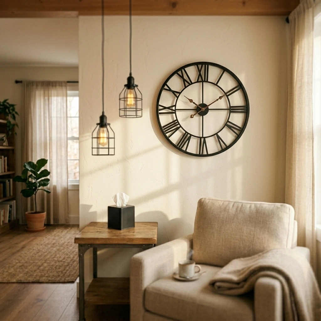 Cozy Wood Living Room — Pytha Sight 30 Inch Extra Large Giant Wall Clock,Oversized Round Silent Vintage Industrial Black Metal Farmhouse Big Roman Numeral Wall Clocks for Living Room,Kitchen,Bedroom Home Decor