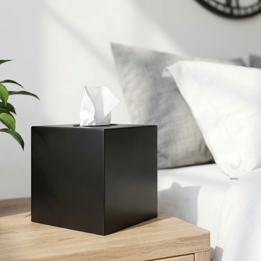 Minimalist Bedroom — mDesign Metal Square Tissue Box Cover for Bathroom - Modern Steel Holder/Dispenser for Paper Facial Tissues - Bathroom Tissue Box Cube for Counter - Avia Collection - Black