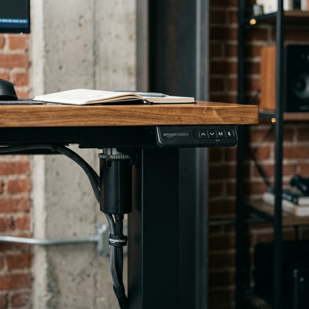 Industrial Home Office Setup 2026 — Amazon Basics Electric Standing Desk, Height Adjustable Home Office Desk with Quiet Motor and Multiple Presets, White/Oak Effect