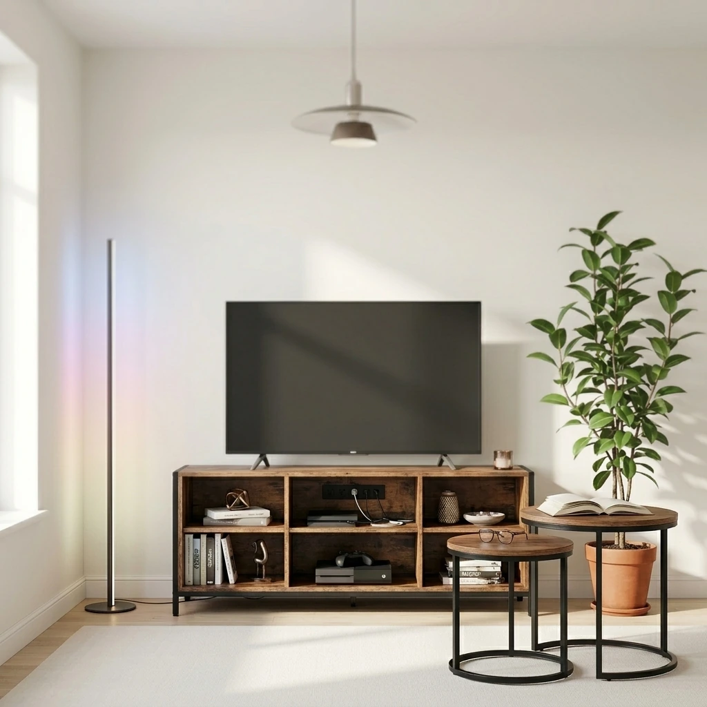 Minimalist Living Room — HOOBRO TV Stand with Power Outlets to 75 Inches, TV Console Table with Open Storage Shelves Cabinet, Industrial Media Entertainment Center for Living Room Bedroom, Rustic Brown and Black BF80DS01