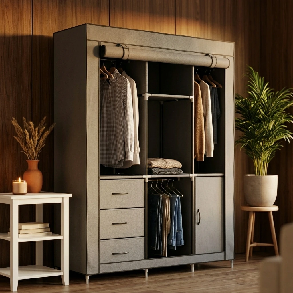 Cozy Wood Chill Space — Large Portable Wardrobe with 4 Hanging Rods and Drawers, Armoire, Metal Storage Wardrobe Hangers, Upgraded Grey Non-Woven Dust Cover for Handing Closet,Large Closets for Bedroom